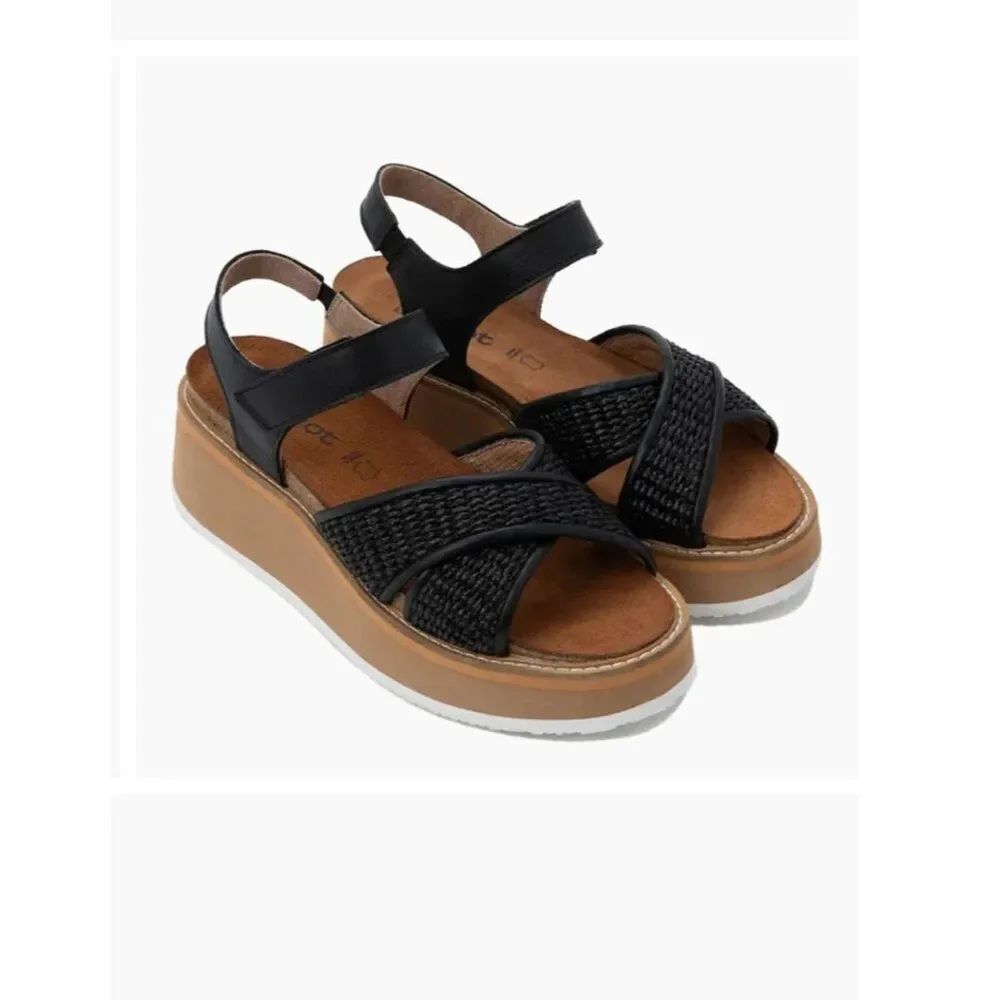 Naot Womens Pavlova Platform Sandals EU 37 US 6 Black Leather Woven Raffia NWD